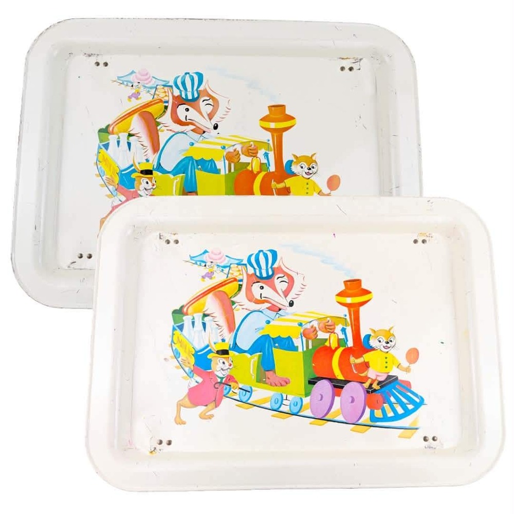 Vintage Metal TV Trays Set of 2 Mid Century Animal Circus Train Illustration